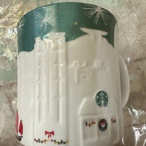 Starbucks Hong Kong Christmas 3D Green White Skyline Relief Ceramic Mug Cup 16oz